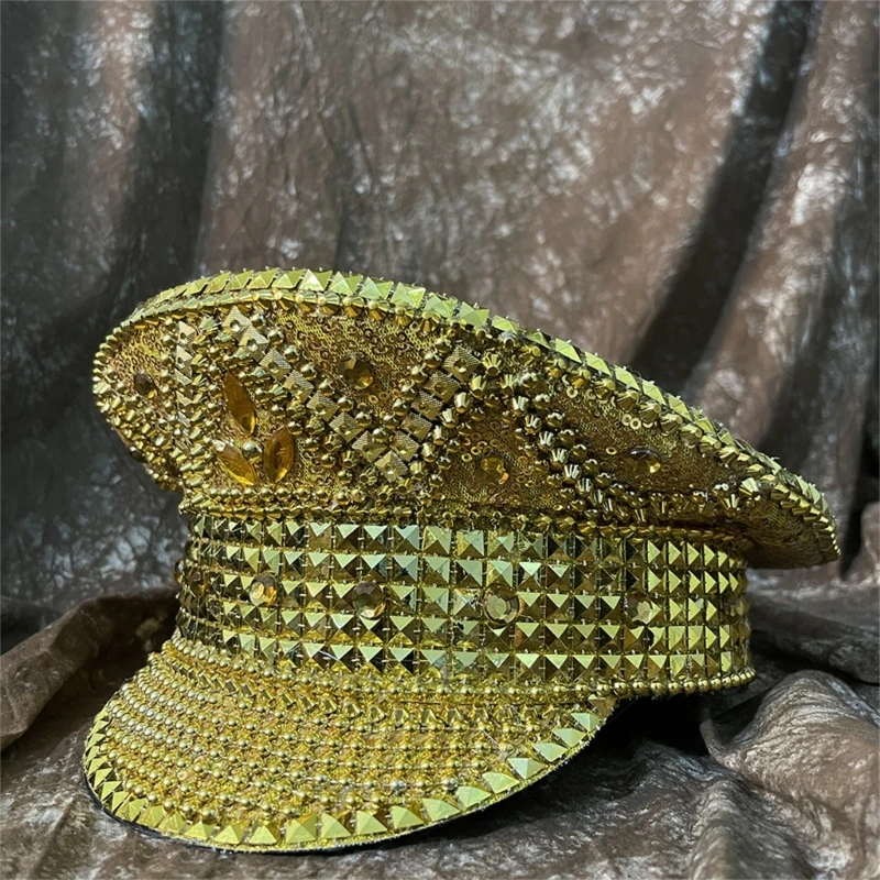 Golden Captain Hat Shimmering Crystal Hat for Disco House Cocktail Parties