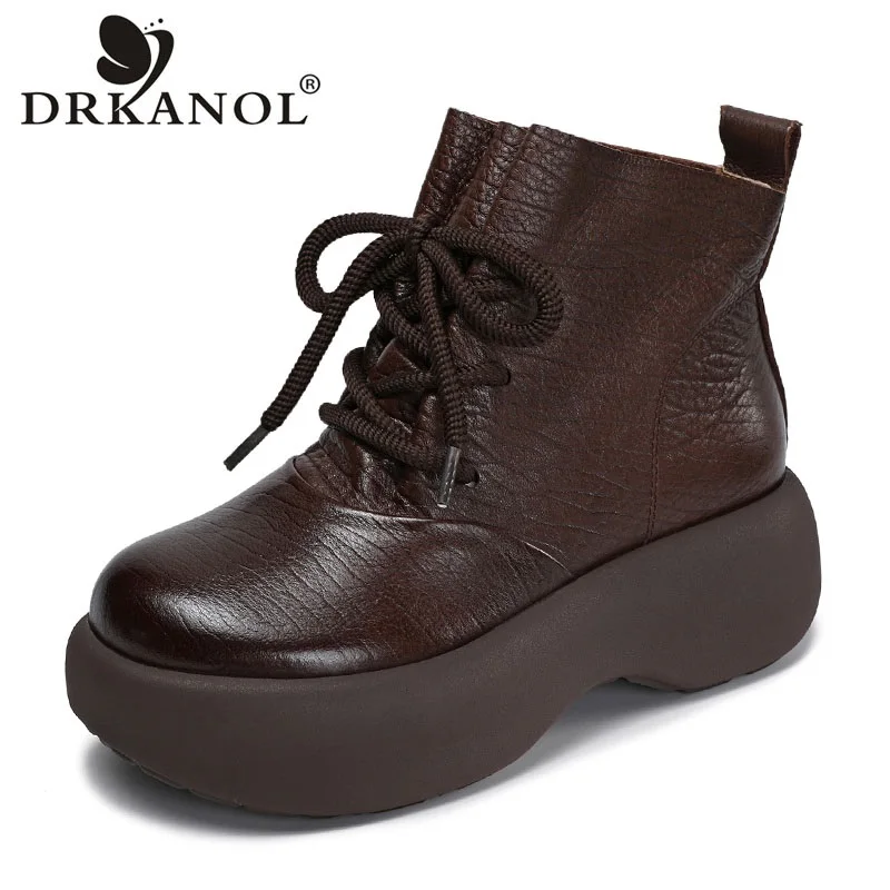 DRKANOL Women Genuine Leather Wedges Heel Ankle Boots Spring Autumn Round Toe Slip On Chunky Platform Retro Style Casual Boots