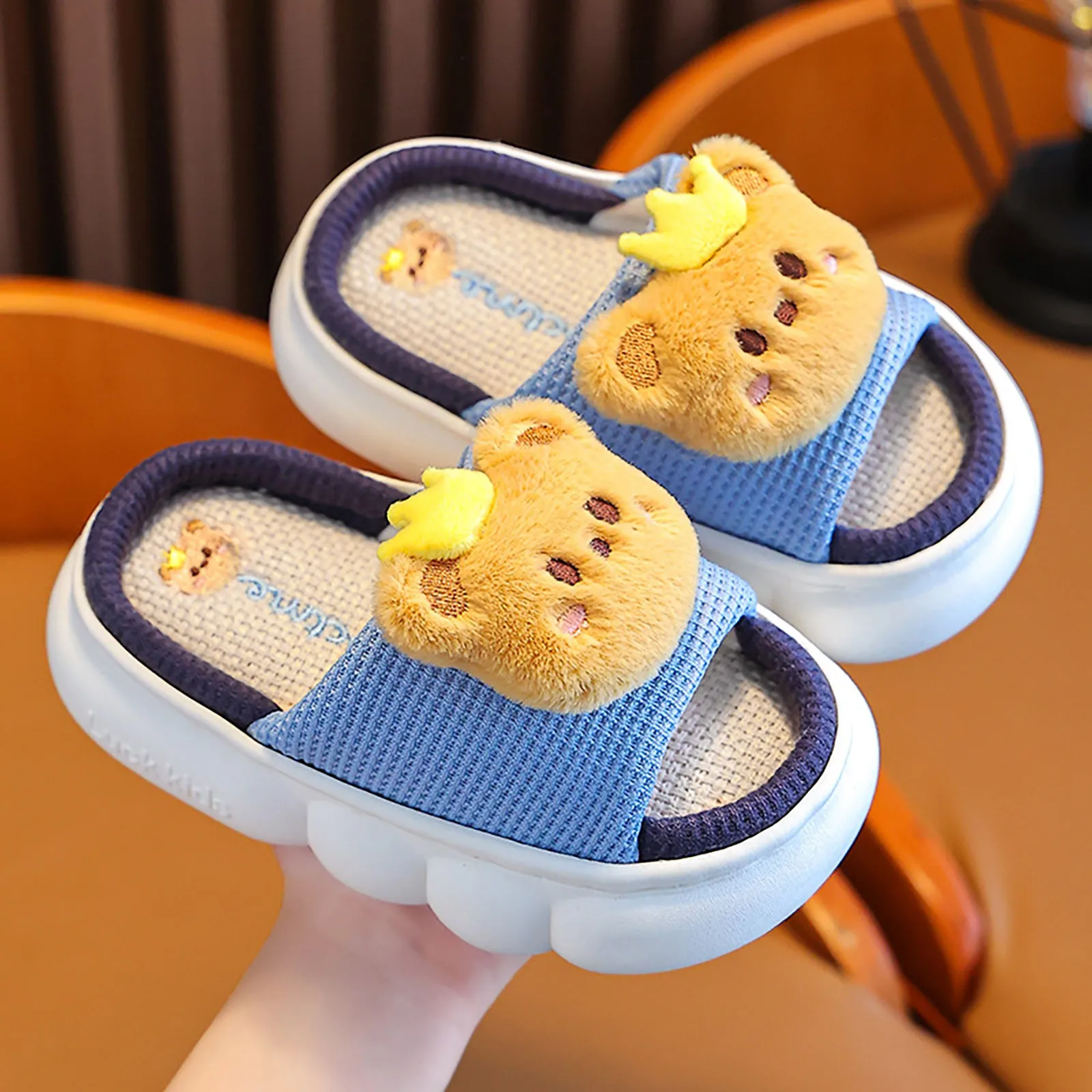 Cartoon Bear Children Four Seasons Slippers Cute Indoor Cotton Shoes For Boys Girls Toddler Open Toe Soft Sole Toddler Slippers