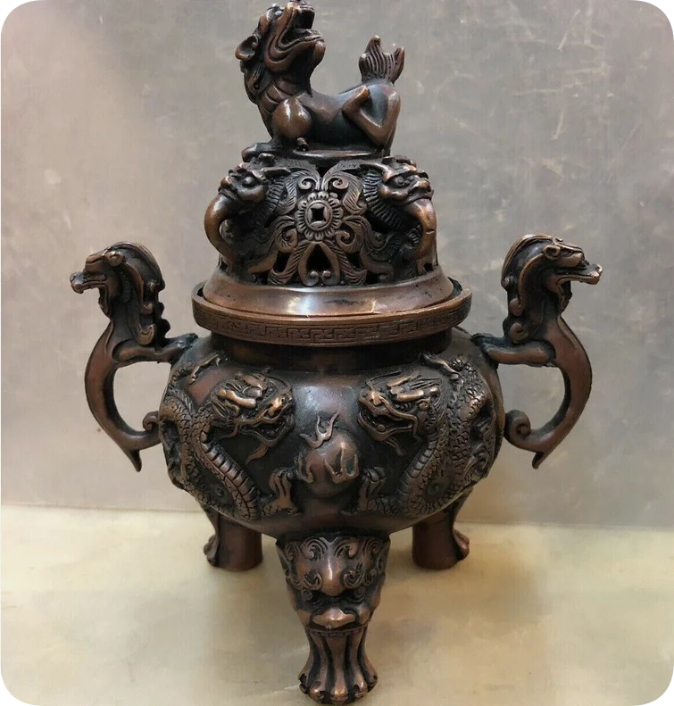 18cm old Chinese Bronze Dragon Incense Burners Triangle tripod