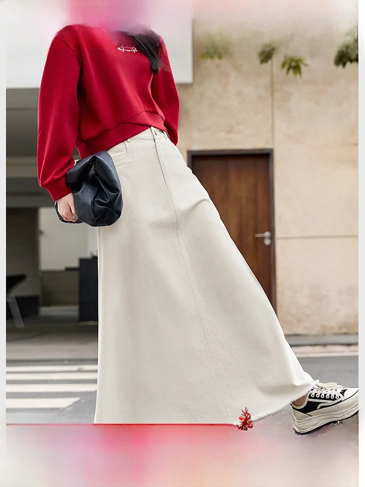 

mat A-Line Denim Skirt for Women Mid-Waist Cotton Long Skirt Vintage Faded Design Versatile Sle Fall Collection