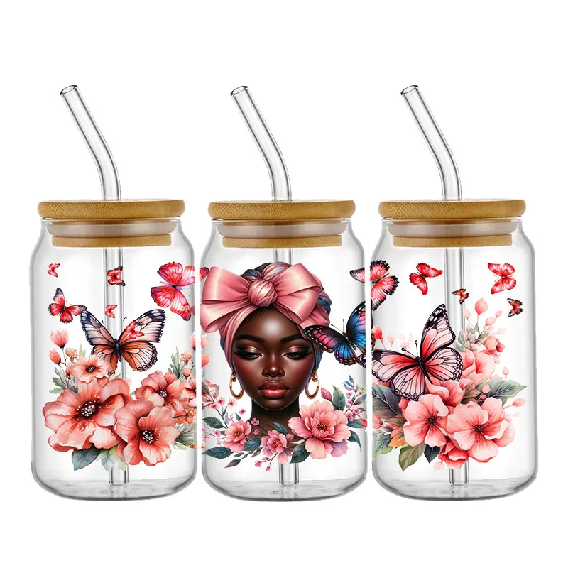 Custom Stickers Butterfly UV DTF Cup Wrap Flowers Transfers Stickers DIY Labels Selfadhesive Waterproof For 16OZ Glass Libbey