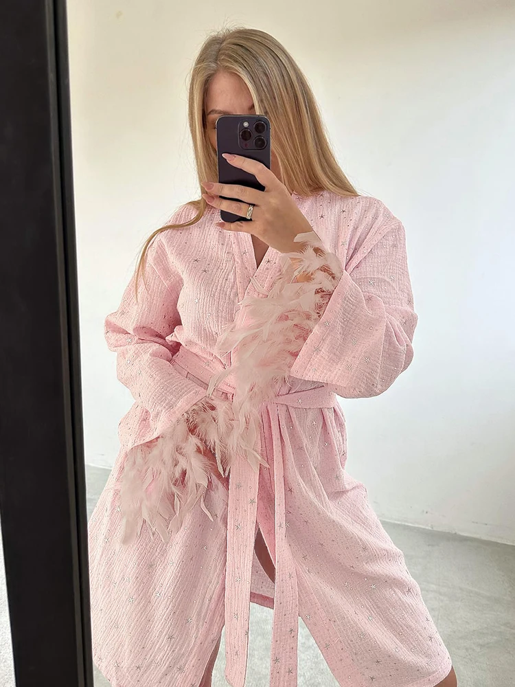 Hiloc Elegant Cotton Pink Gild Robe Women Fashion Long Sleeve Feathers Ruched Lace-Up Sleepwears Autumn Solid Wrap Robes Vintage