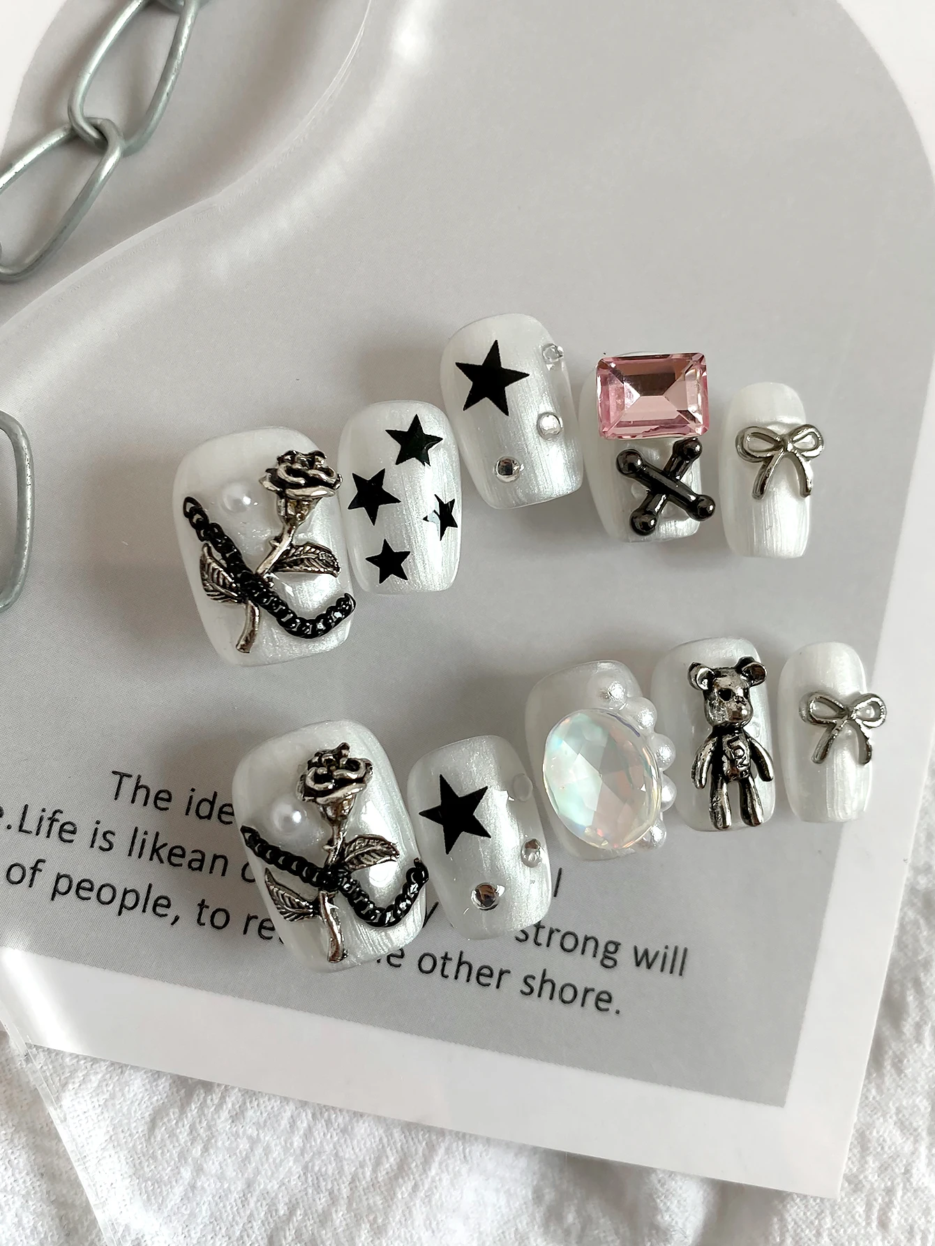 Cute Y2K Press On Nails,Short Square False Nails with Star,Rose,Bow & Bear Decor,Shiny Crystal Handmade Fake Nails