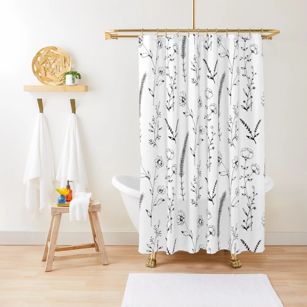 

Simple Black and White Flowers and Leaves Design (line art) Shower Curtain Waterproof Shower And Anti-Mold Bathroom Deco Curtain