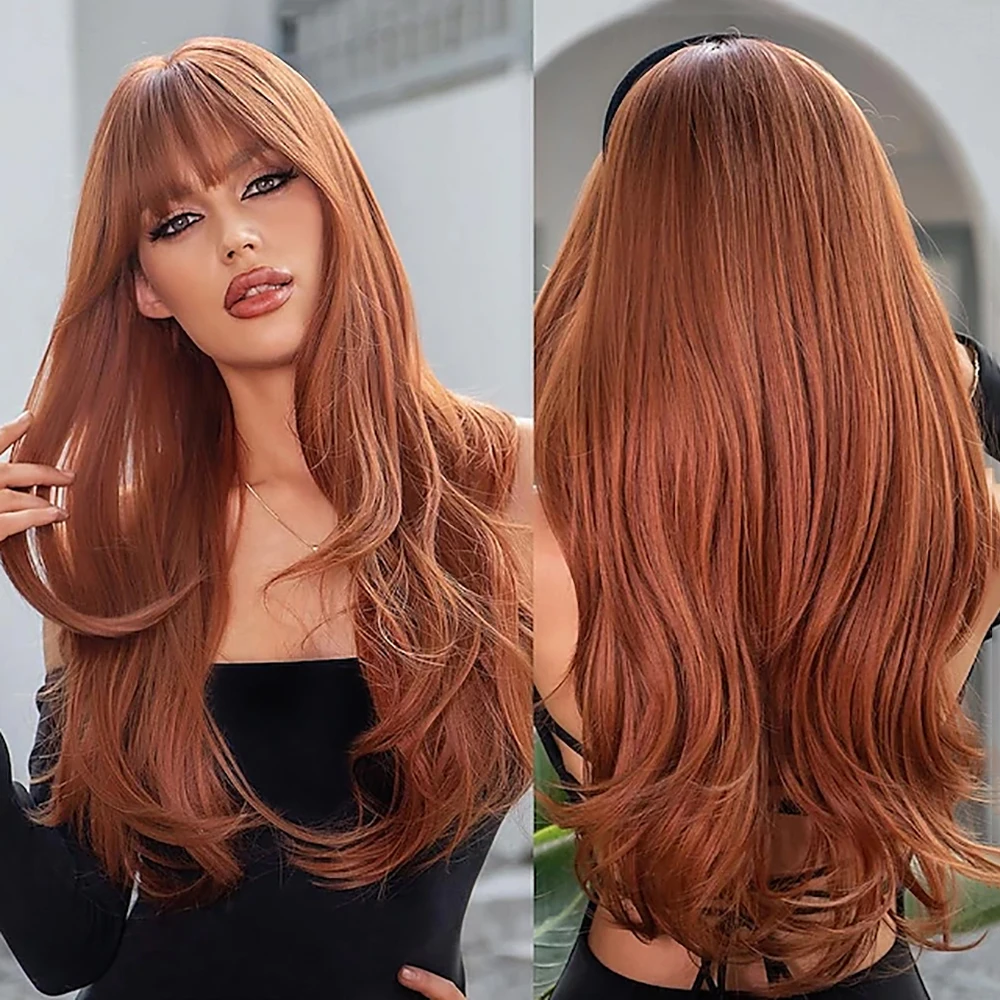 HAIRJOY  Synthetic Hair  Long Wavy Ginger Wig with Bangs  Wigs for Women Heat Resistant Synthetic Fiber for Daily Party Use