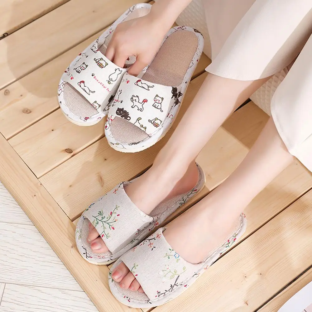 Women Flax Slippers Home Slippers Linen Summer Lightweight Flat Sandal Breathable Comfortable Non-Slip Slides Indoor Men Slipper