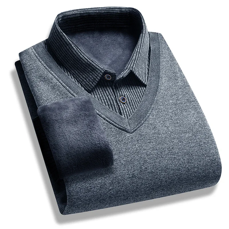 Men Fake Two Piece Fleece Lined Sweater Vertical Striped Long Sleeve Shirt Collar Knitted Pullover Warm Autumn Daily Casual Top