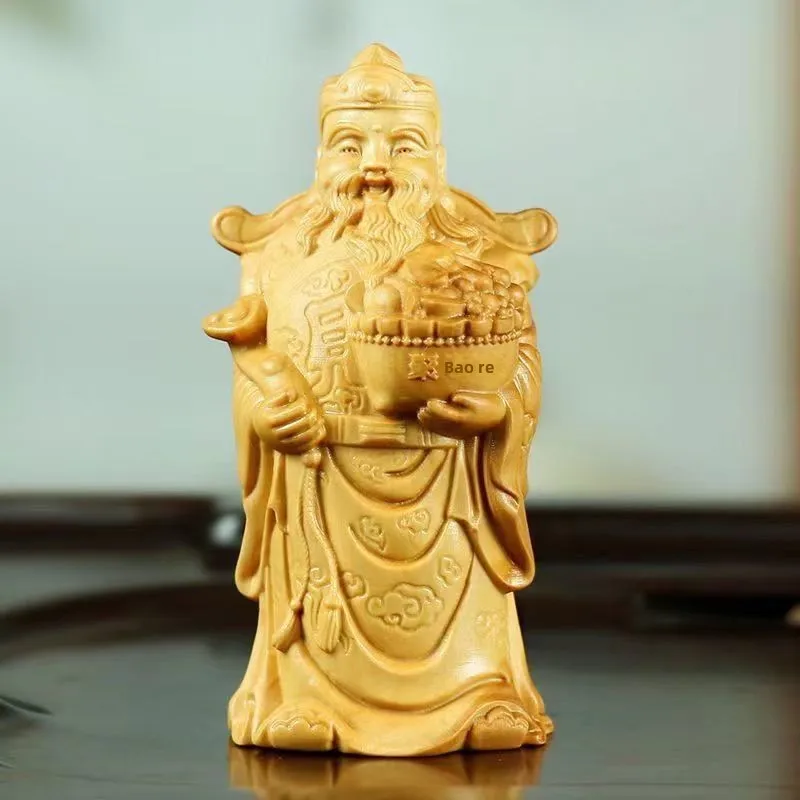 Chinese Traditional Boxwood Carved God Of Wealth Statue Lucky Feng Shui Ornament Attract Wealth Blessing Figurine For Home Shop
