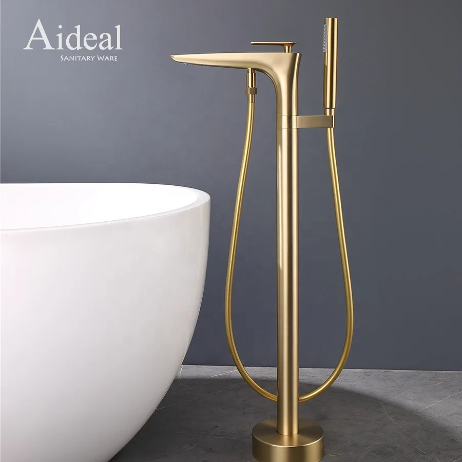 Luxury Design Brass Hot And Cold Mixed Two Functional Bathroom Brushed Gold Floor Freestanding Bathtub Faucet