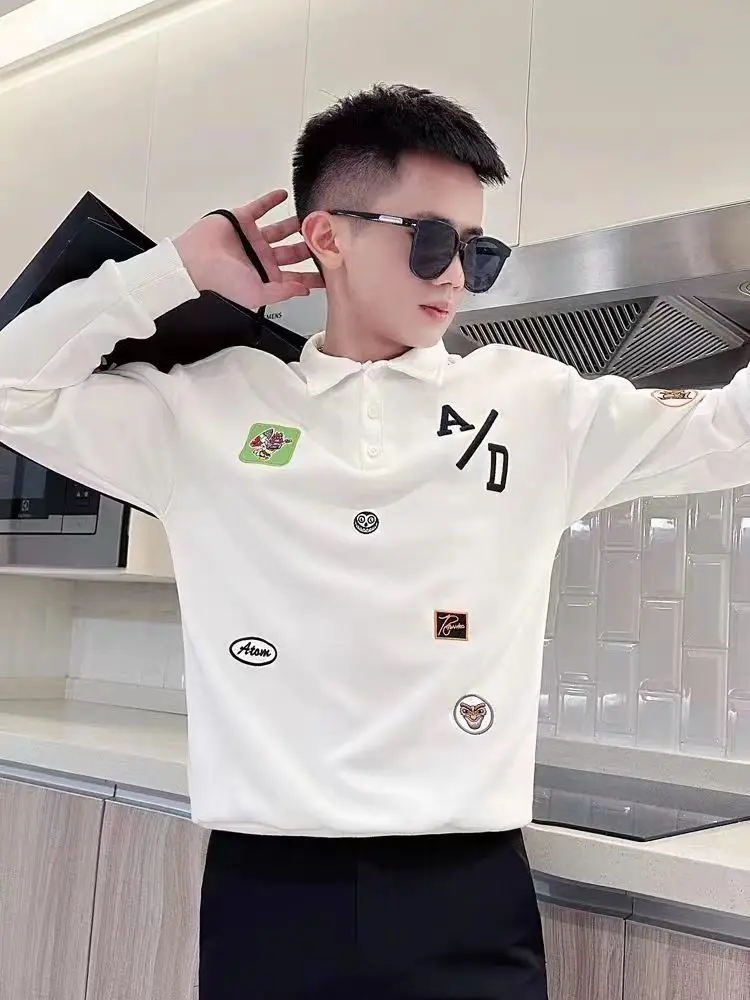 

Толстый свитшот для мужчин, весенне-осенний воротник, топ для отдыха, новая модная футболка, модные топы с надписью Y2k, повседневная рубашка-поло, мужская одежда