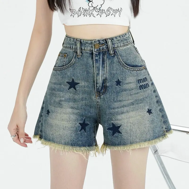 Denim Shorts Women's Summer Thin Style  2024 New High Waisted A-line Slim and High Burr Embroidered Hot Pants for GirlsCommuting