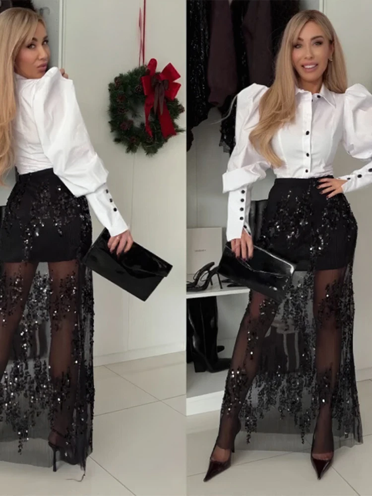 

Chic Sequin Patchwork See Through Skirt Women Sexy A-line Empire Solid Party Long Skirts Female 2025 All-match Lady Bottom New