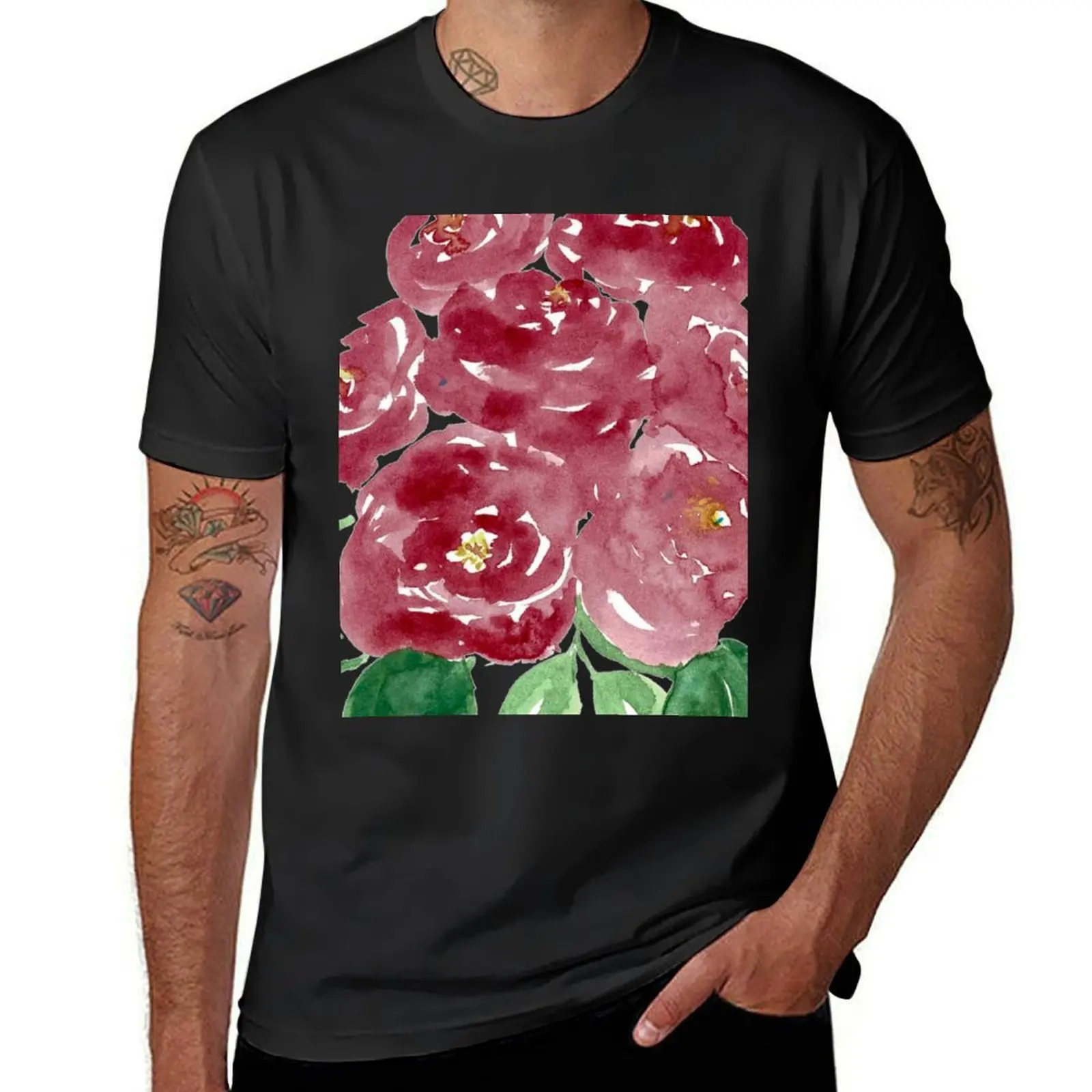 Burgundy Watercolour peonies T-Shirt Aesthetic clothing korean fashion oversized t shirts for men