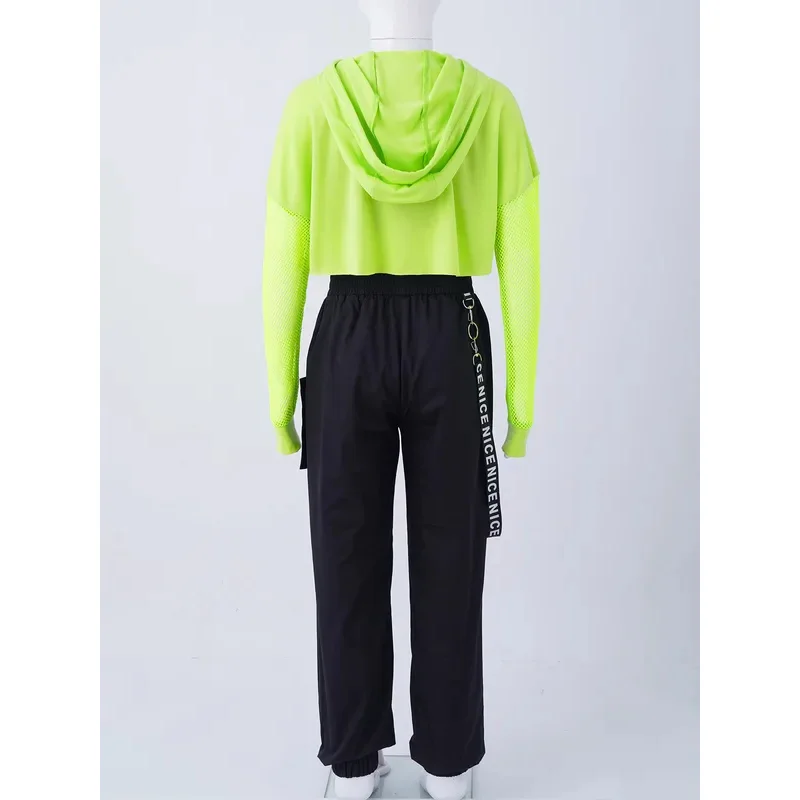 Girls Hip Hop Dance Costume Kids Hooded Cover Up Crop Tops Sports Bra Vest and Jogger Pants Suit Jazz Modern Street Dance Wear