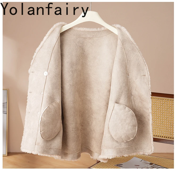 เสื้อแจ็คเก็ตขนสัตว์แท้ 100% ยี่ห้อ YOLANFAIRY สำหรับผู้หญิง ฤดูใบไม้ร่วง ฤดูหนาว คอวี ขนแกะเนื้อละเอียด เสื้อแจ็คเก็ตขนสัตว์สีขาวสุดหรู เสื้อโค้ทขนสัตว์ Roupas Femininas