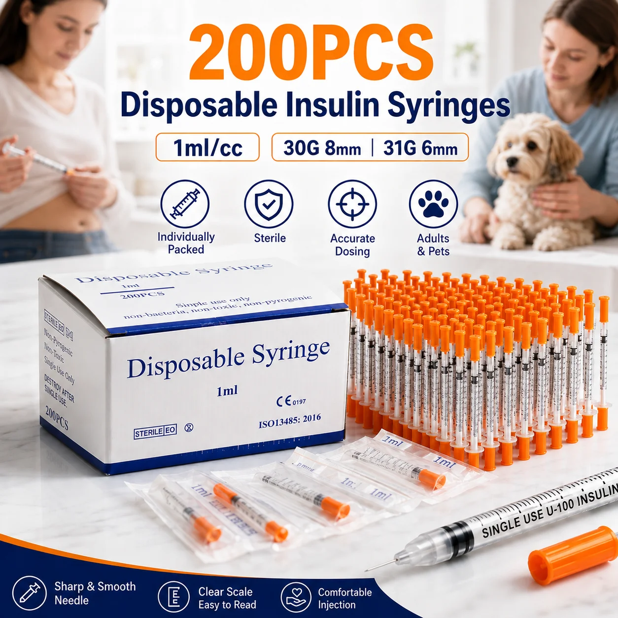 100/200 PCS Sterile Disposable Insulin Injection Syringe Multi Sizes 0.3ml/0.5ml/1ml Individually Wrapped Portable Injector