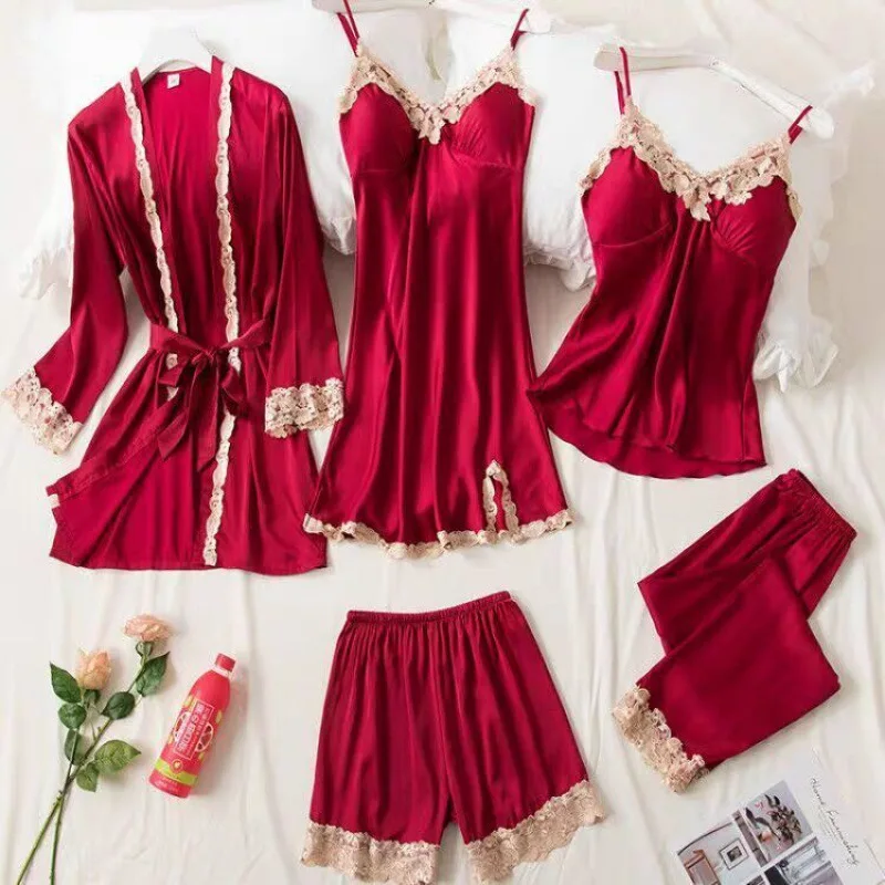 Spring Autumn Ice Silk Thin Strap Sleepwear Women's Home Clothes Set with Chest Pad Five Pieces Includes Robe Nightgown