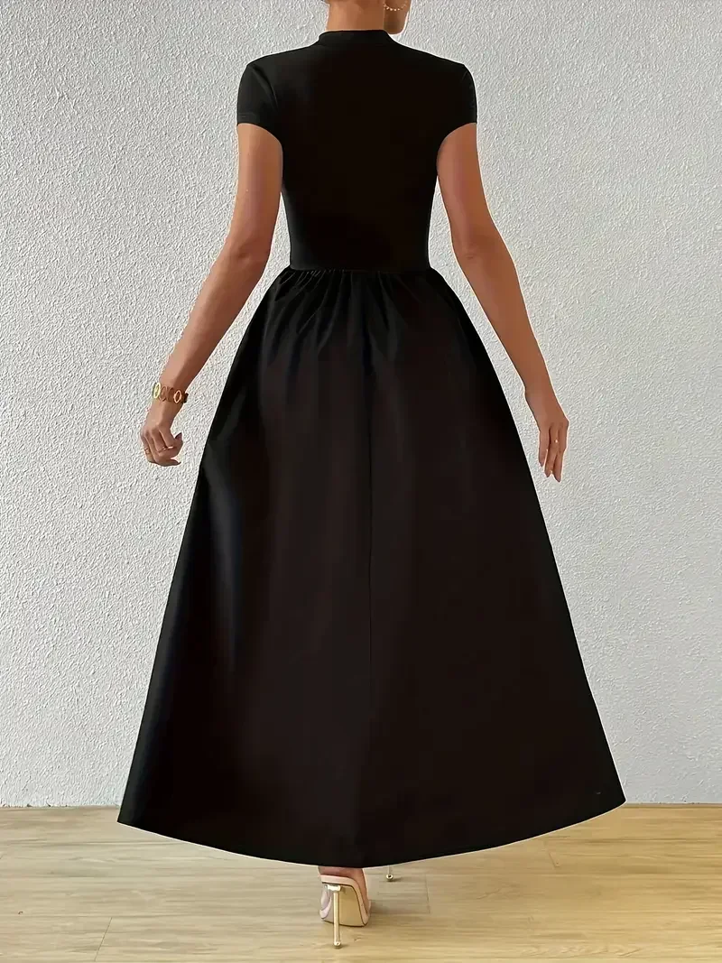 プラスサイズ 1XL-5XL 女性のカジュアルソリッドカラークルーネックドレス半袖エレガントなフィットフレアドレスロングドレス普段着