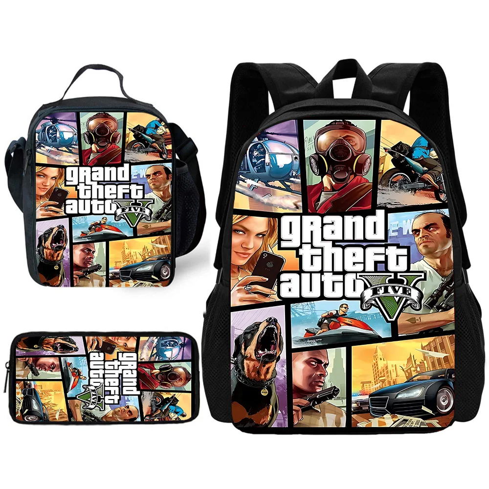 Game Grands Thefts Auto Child School Backpack with Lunch Bags ,Pencil Bags ,School Bags for Boys Girls Best Gift