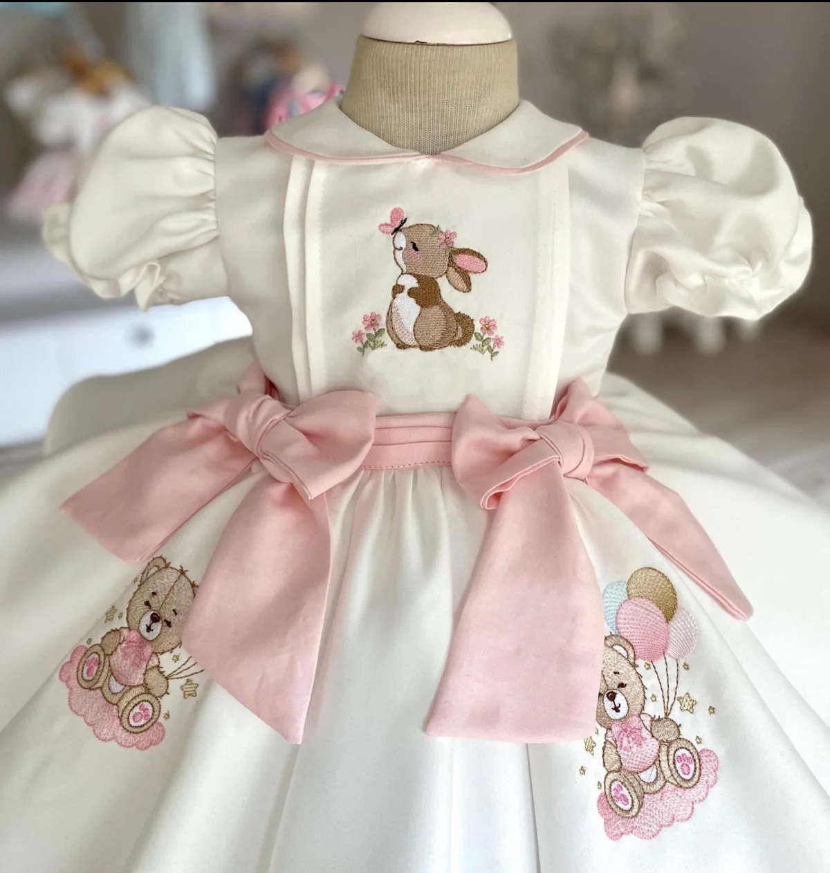 Summer Girl Rabbit Bear Embroidered Pink Bow White Dress  for Casual Party Birthday Wedding Photography