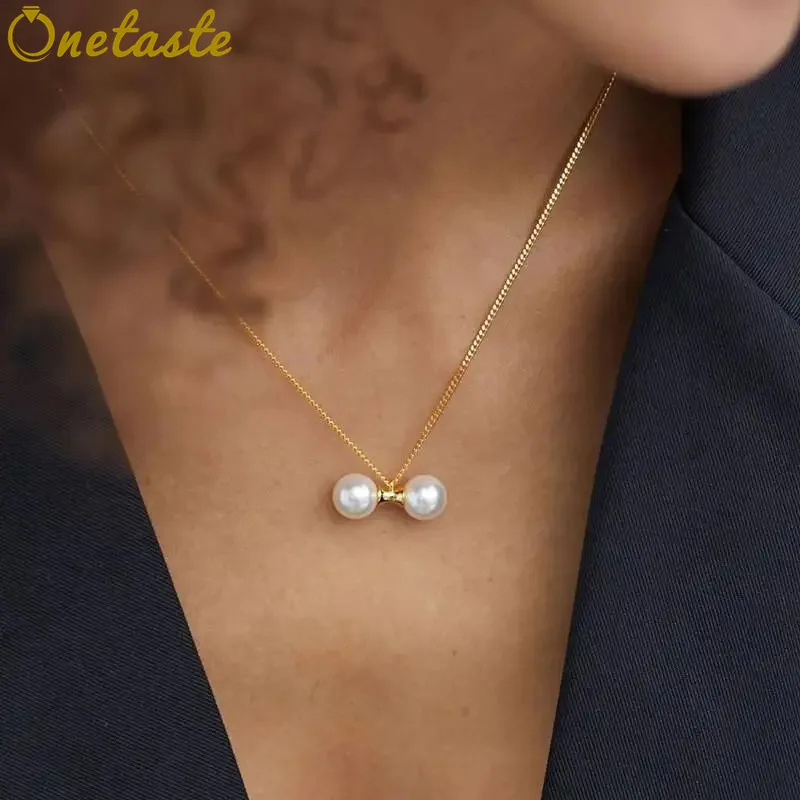 

925 Sterling Silver Gold Plated Shell Pearl Double Spheres Pendant Necklace Women Trendy Minimalist Chokers Necklaces Her Gift