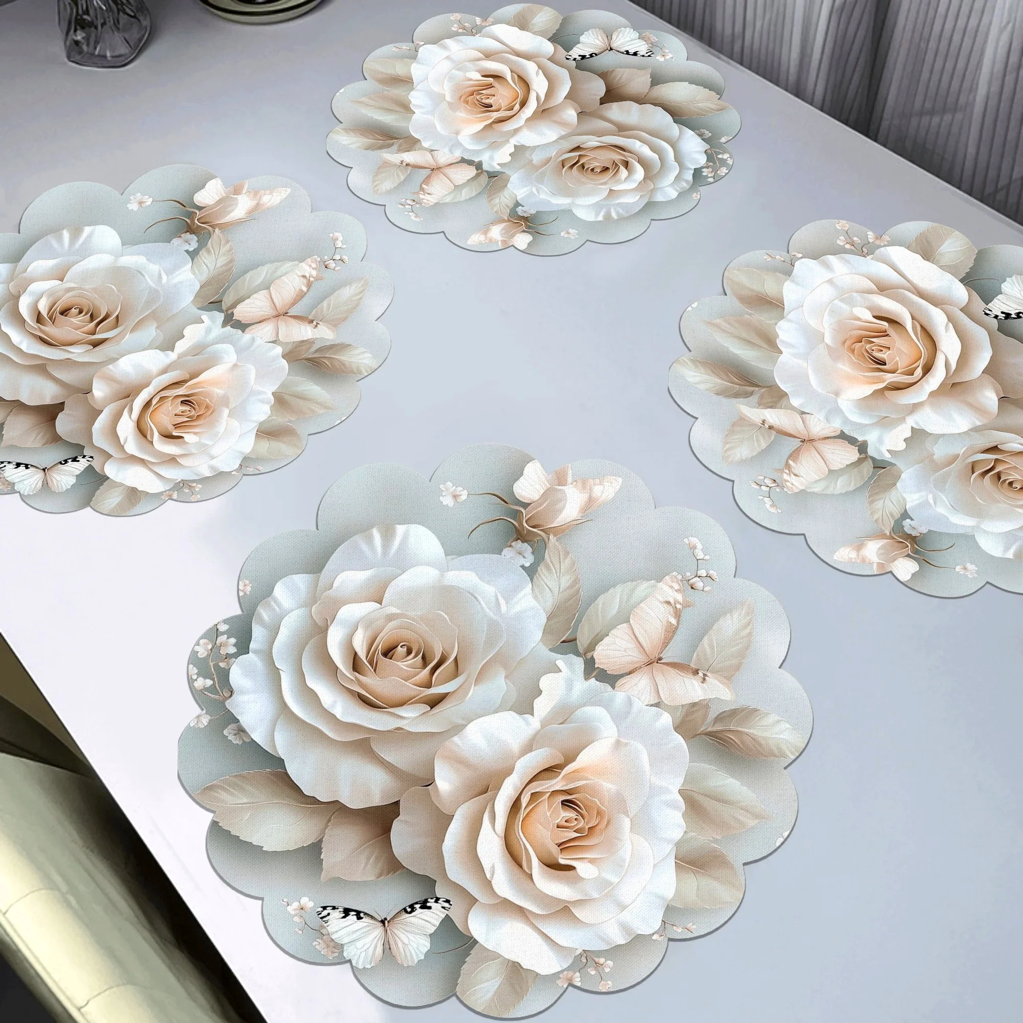 VIKAMA 4PCS Spring Floral Butterfly Hummingbird Hydrangea Wavy Placemats Waterproof Heat Resistant Table Decorative Mats