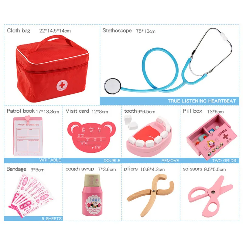 Madeira Pretend Play Doctor Brinquedos Educativos para Crianças, Simulação Médica, Conjunto de Peito de Medicina, Role Playing Toy for Kids