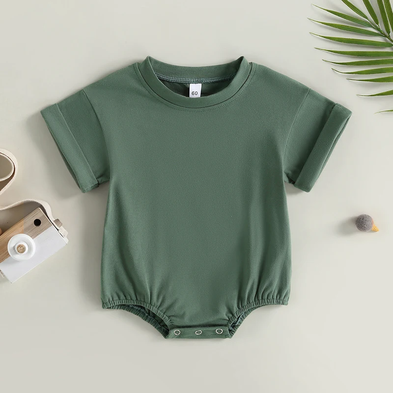 0-24Months Infant Baby Boys Girls Bodysuit Summer Pullover Crewneck Loose Romper Short Sleeve Solid Color Newborn Clothes Outfit