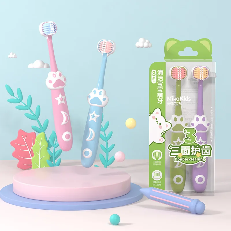 Cat Claw Children's Three Sided Soft Toothbrush Set Of Two Suitable for Ages 3-12 Comprehensive Care for Baby's Dental Healthy