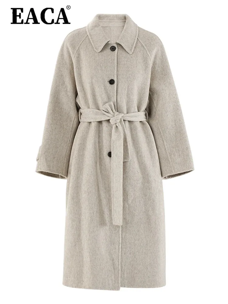 

EACA Fashion Women's Woolen Coat Lapel Loose Fit Single Breasted Adjustable Waist Long Sleeves Blends Overcoat Autumn 2024 New