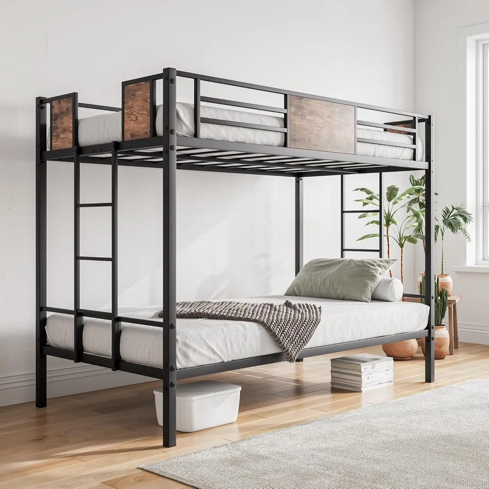 Metal bunk bed with 2-sided ladder and full-length guardrail, space-saving, no box springs, no noise, black and vintage brown