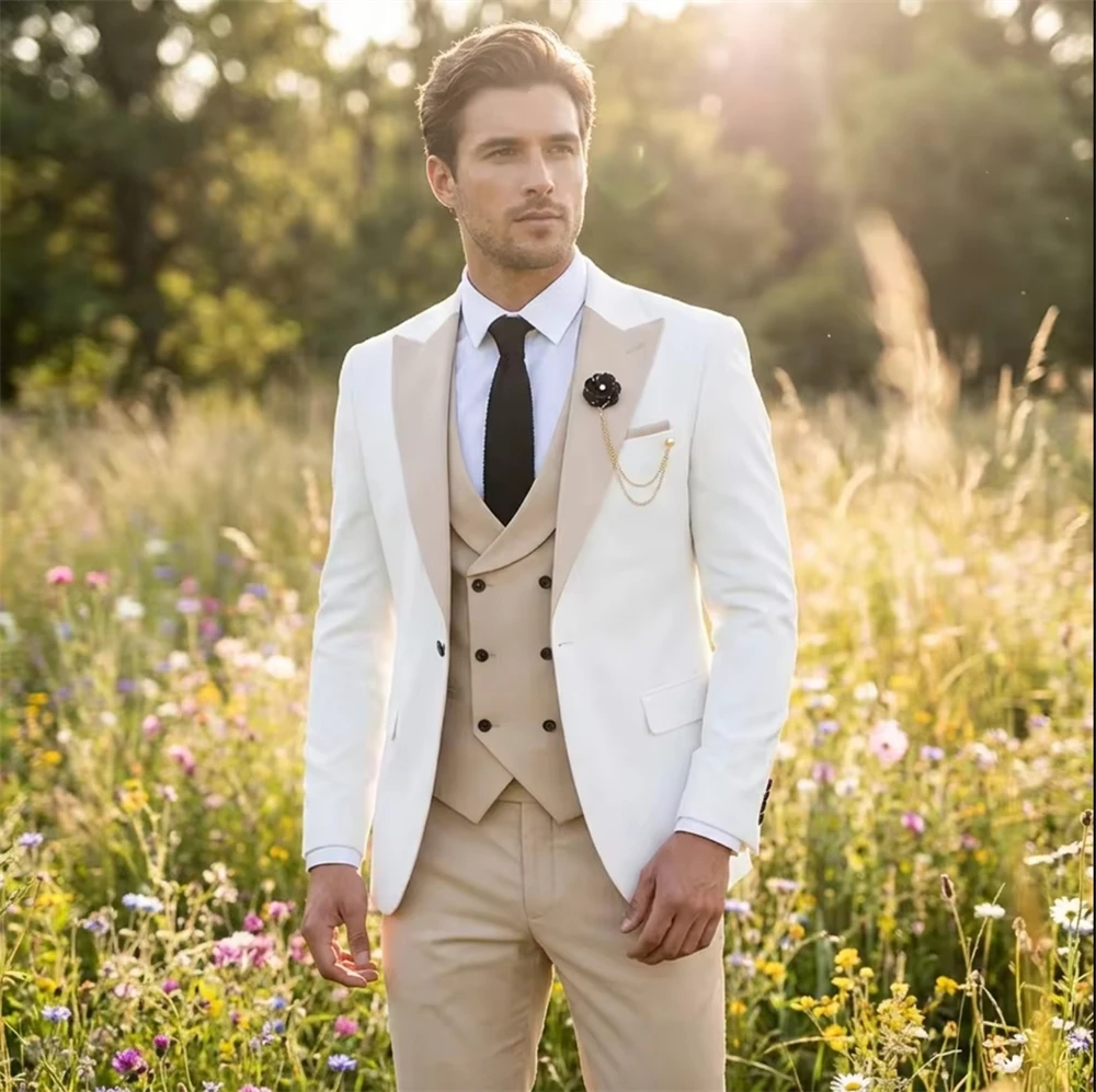 White Splicing Men's Suits 3 Pcs/Set Single Breasted Tuxedos Prom Wedding Regular Fit Business Custom Made (Blazer+Vest+Pants)