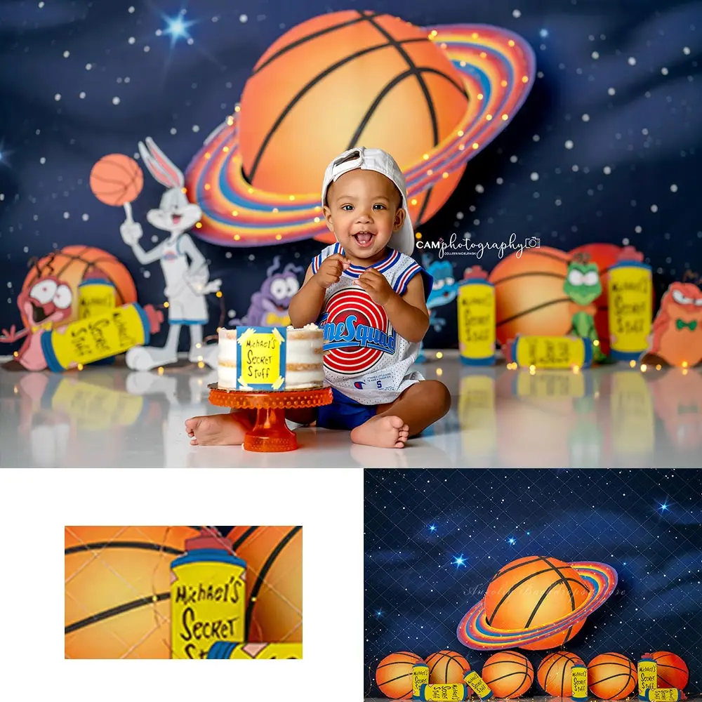 Basketball Space Backdrop Kids Baby Cake Smash Photography Props Child Baby Boys 1st Birthday Cake Smash Photography Decor