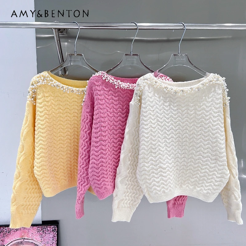 

Autumn Winter Heavy Industry Socialite Temperament Beaded Pink Jumpers Women's Loose Milk Yellow Knitted Sweater Top Streetwear