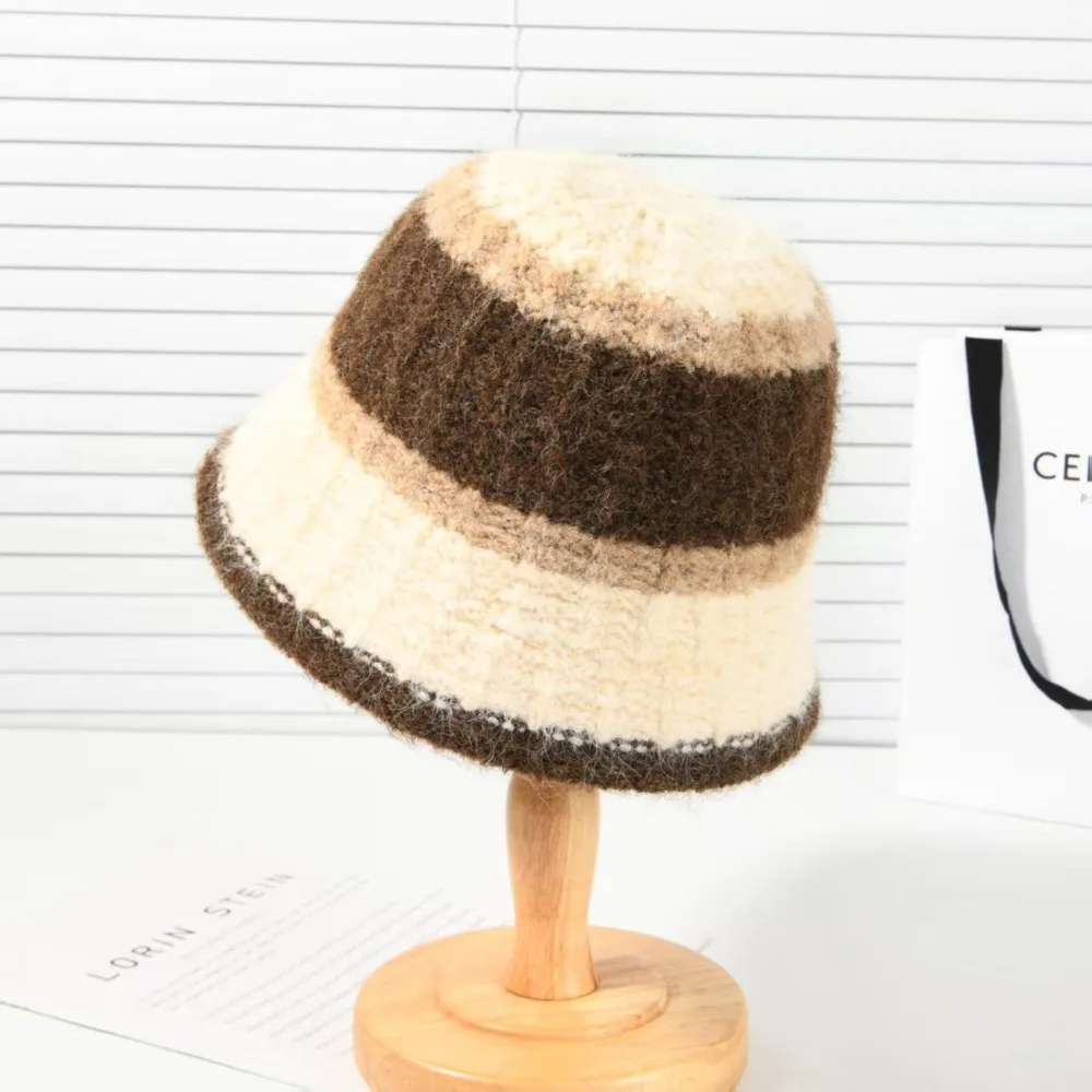 

New Wide-Striped Knitted Bucket Hat Large Head Circumference Versatile Fisherman Hat Cold-Proof Winter Warm Cap Cold Weather