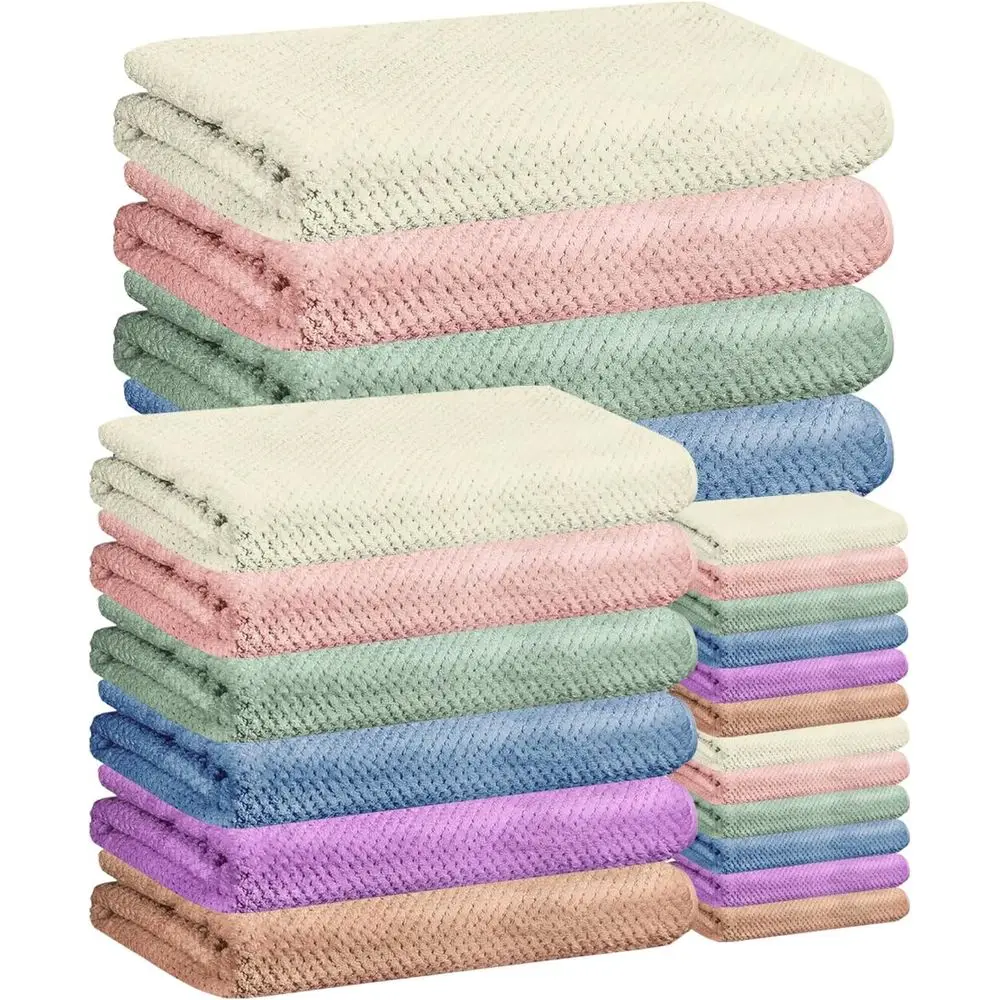 

24-Piece Towel Set: 6 Bath Sheets, 6 Washcloths, 12 Hand Towels - Colorful Coral Velvet, Quick-Drying, Reusable Bath Spa Essenti