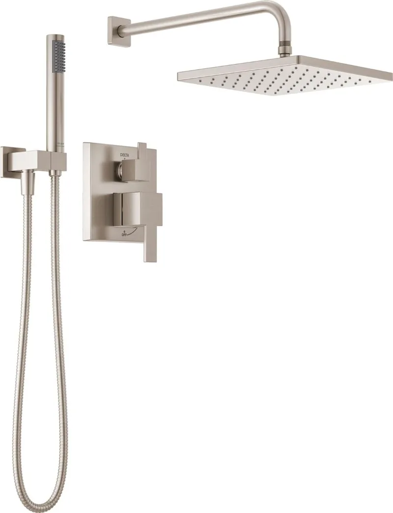 

Faucet Modern RaincanSquare Shower System Including Rain Shower Head and Handheld Spray Brushed Rainfall