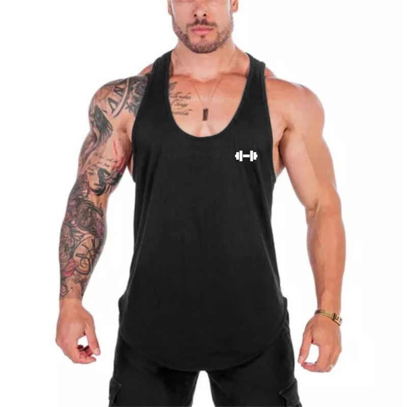 Mens Running Vests Summer Fitness Tank Tops Mesh Dumbbell Gym Clothing Bodybuilding Stringer Singlets Muscle Sleeveless Shirt