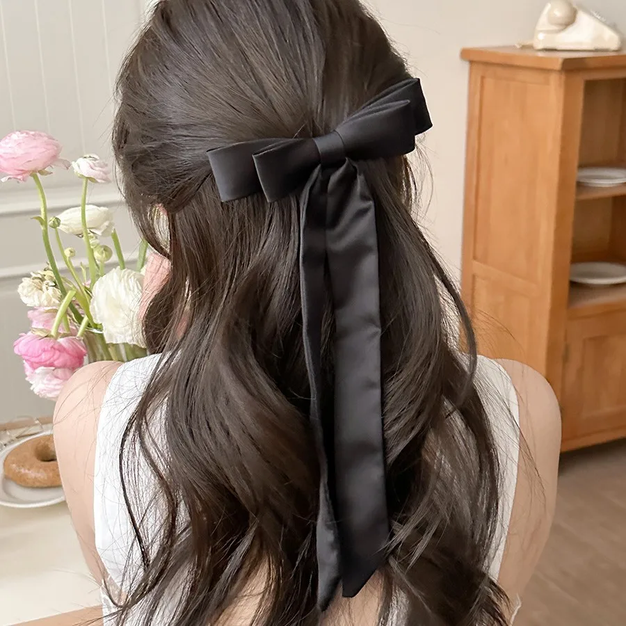 

Premium Sweet Satin Bow Spring Clip With Long Ribbon For Back Head Dimensional Design Korean Style Hair Accessory