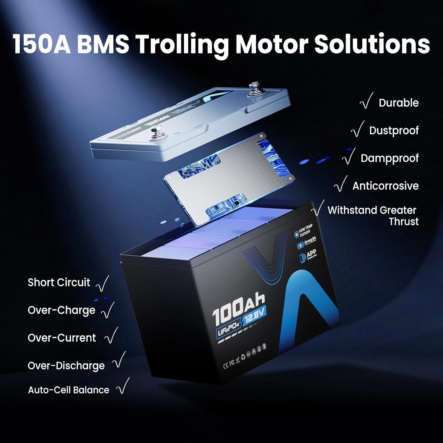 150A BMS 12V 100Ah Group 24 Lithium Battery with APP Monitoring, Rechargeable LiFePO4 Trolling Motor Battery,Custom