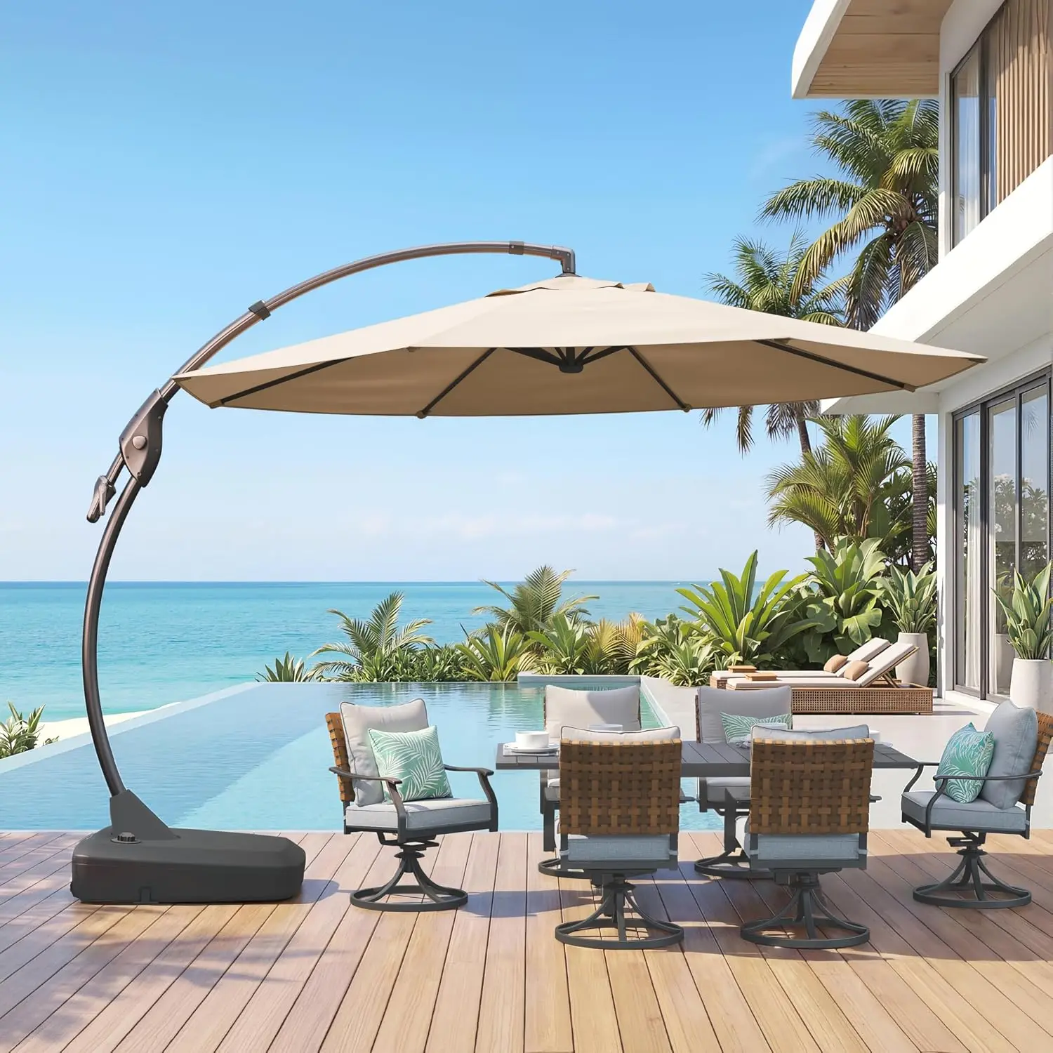 12 FT Round Cantilever Offset Patio Umbrella with Base and Protective Cover, Large Outdoor Shade Shelter for Patio, Backyard and Poolside, Champagne