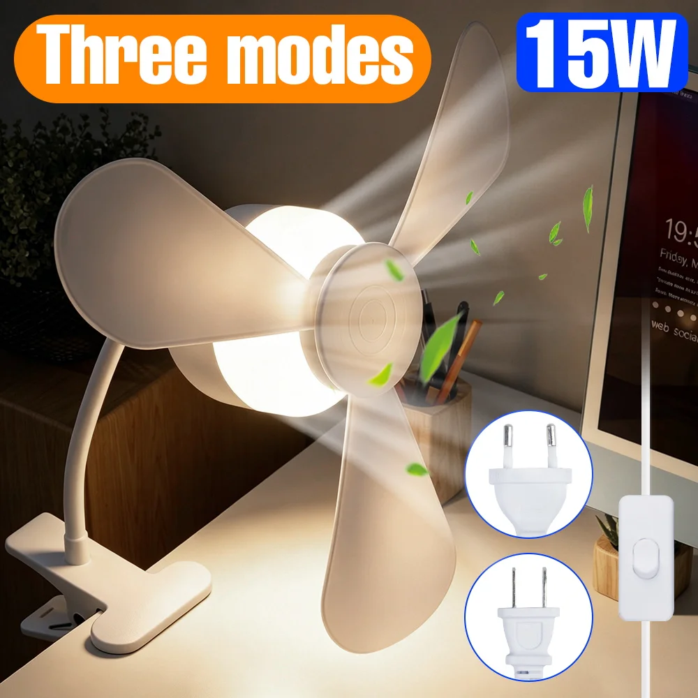 15W Clip On Led Fan Light Flexible Gooseneck Desk Cooling Lamp US/EU Plug 3 Modes For Bedroom Dorm Study Room Desktop Decoration