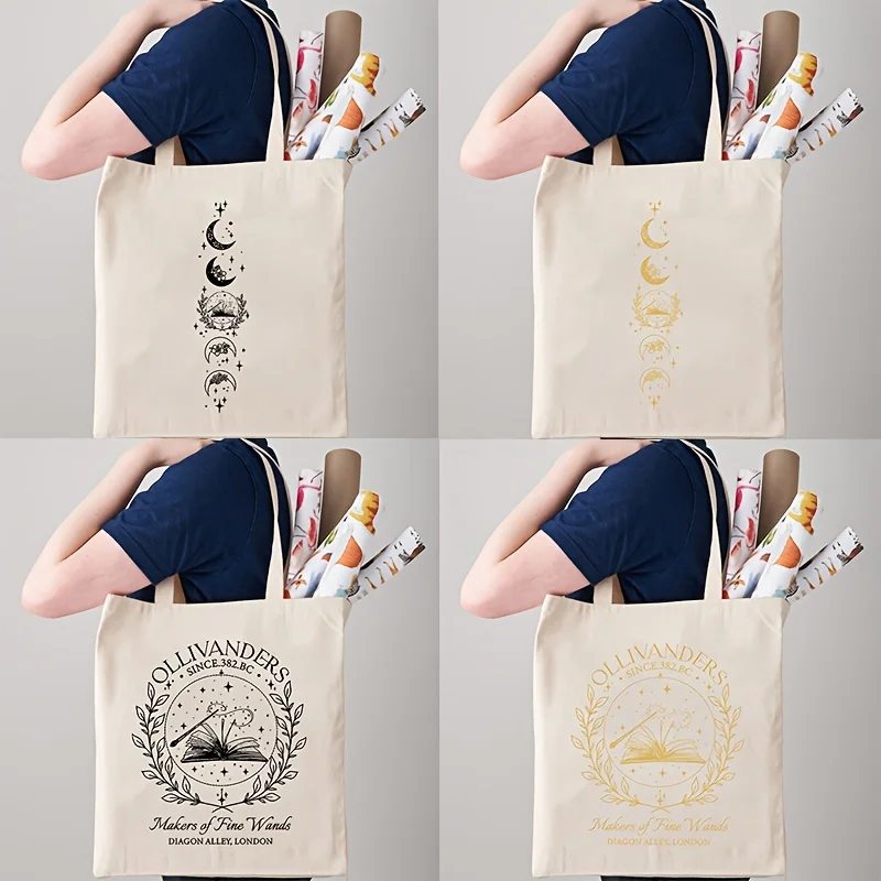 Ollivanders Wand Shop Wizard Book Shop Pattern Tote Bag Canvas Shoulder Bag for Travel Daily Commute Women Reusable Shopping Bag