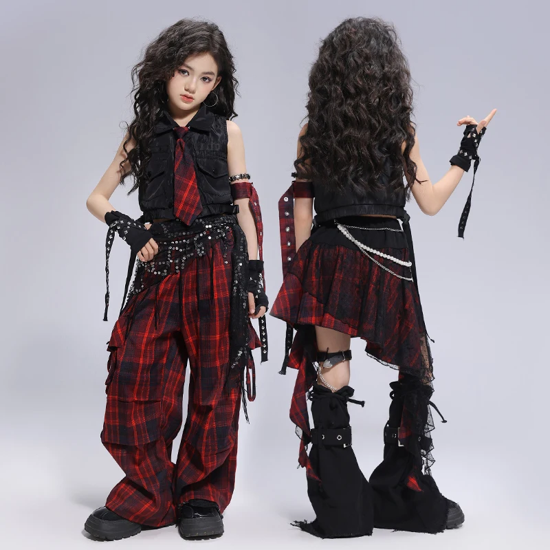 Mädchen Hip Hop Crop Tank Top Jogger Hosen Kind Sommer Plaid Hot Shorts Street Dance Kleidung Set Kinder Coole Kurze Jeans Kostüm