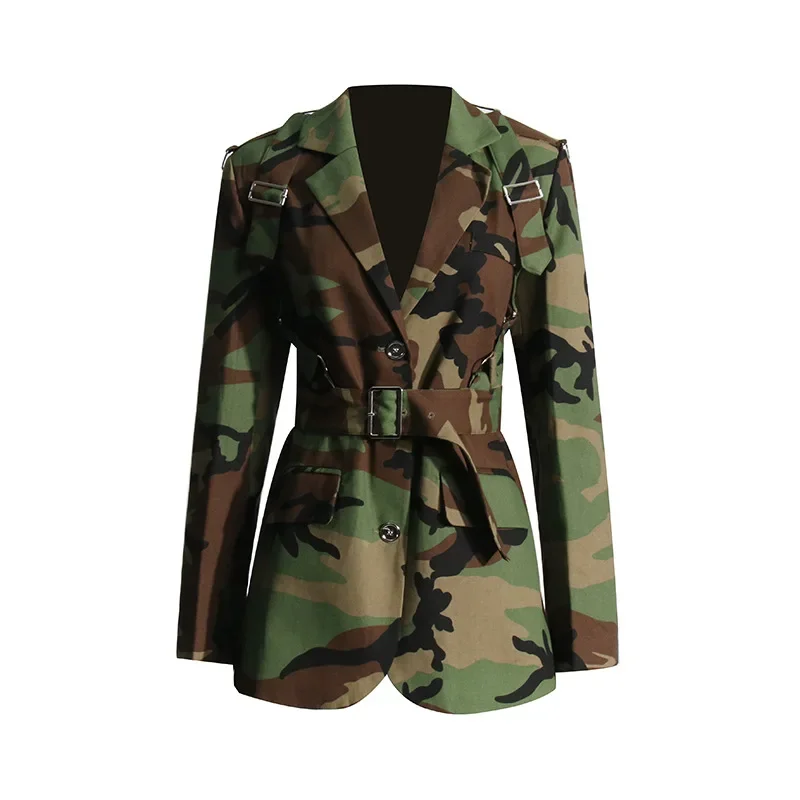 Jaqueta feminina com estampa camuflada, blazer de cintura fina, mangas compridas, nova moda de rua, outono, 2022