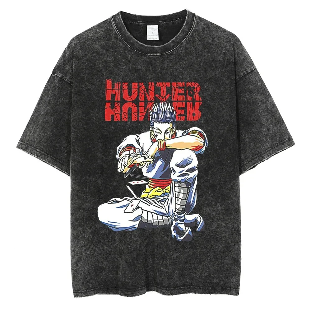

Hunter X Hunter Hisoka Morow Monochrome Spider & Playing Card Jack of Spades Vintage Washed Anime Print T Shirt Men 2026