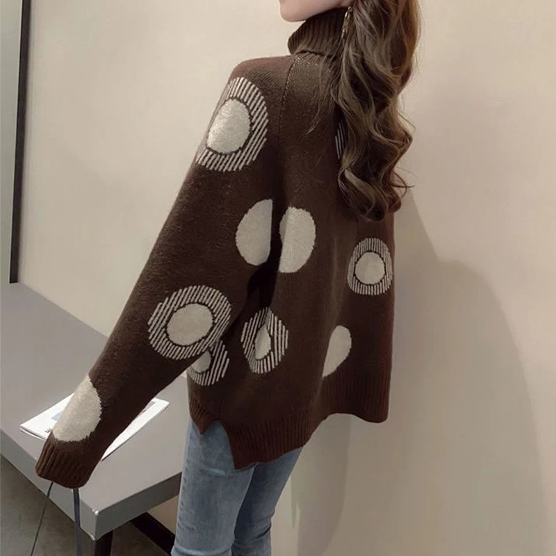 Autumn Winter High Collar Loose Casual Printing Pullover Sweater Ladies Fashion All-match Knitting Top Women Add Plush Jumpers