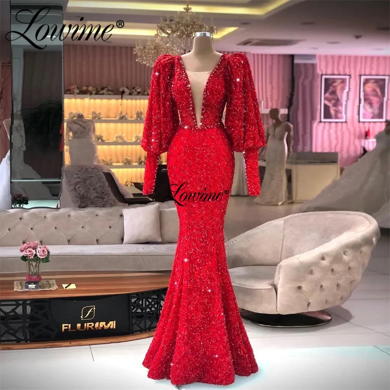 Lowime Plus Size Red Women Evening Gowns Beaded Long Sleeves Mermaid Party Dresses 2022 Custom Made Arabic Dubai Prom Dress Robe