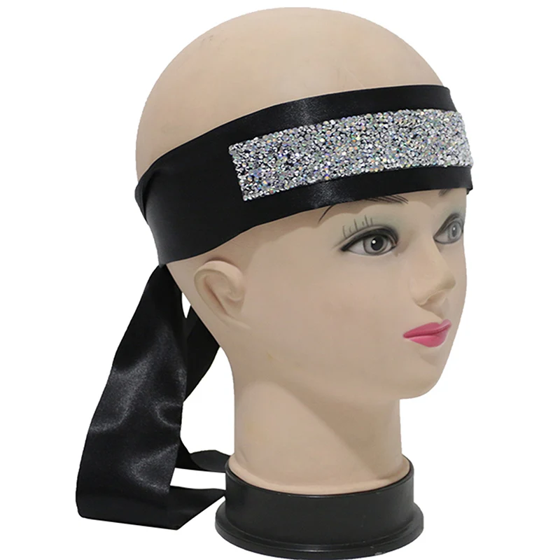 Blingbling czarna jedwabista opaska na głowę z dżetów długie włosy okłady na peruki satynowy szalik krawędziowy dla kobiet